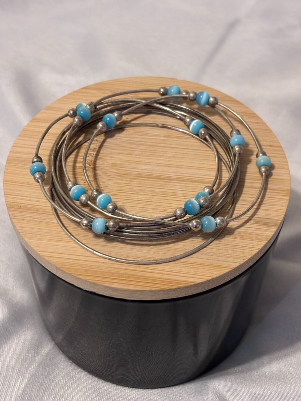 Silver Tone Blue Beaded Stackable Bangle Bracelet Set Boho Y2K Jewelry Lot